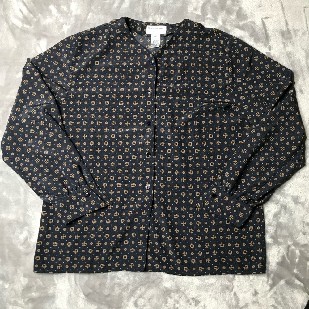 Vintage Rena Rowan for Seville Button Down Long Sleeve Printed Blouse Size 16